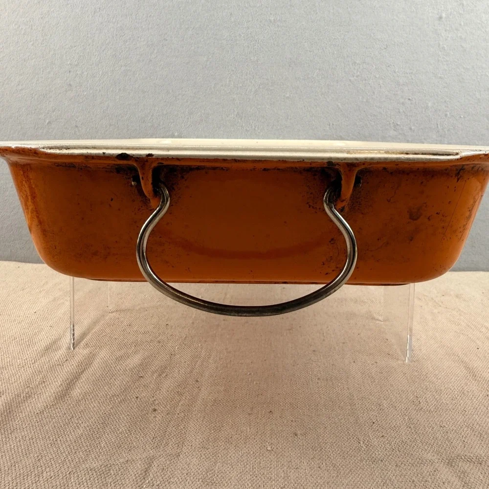 Vintage Le Creuset Flame Orange 15x10 Roasting Pan Folding Handles HTF France‎